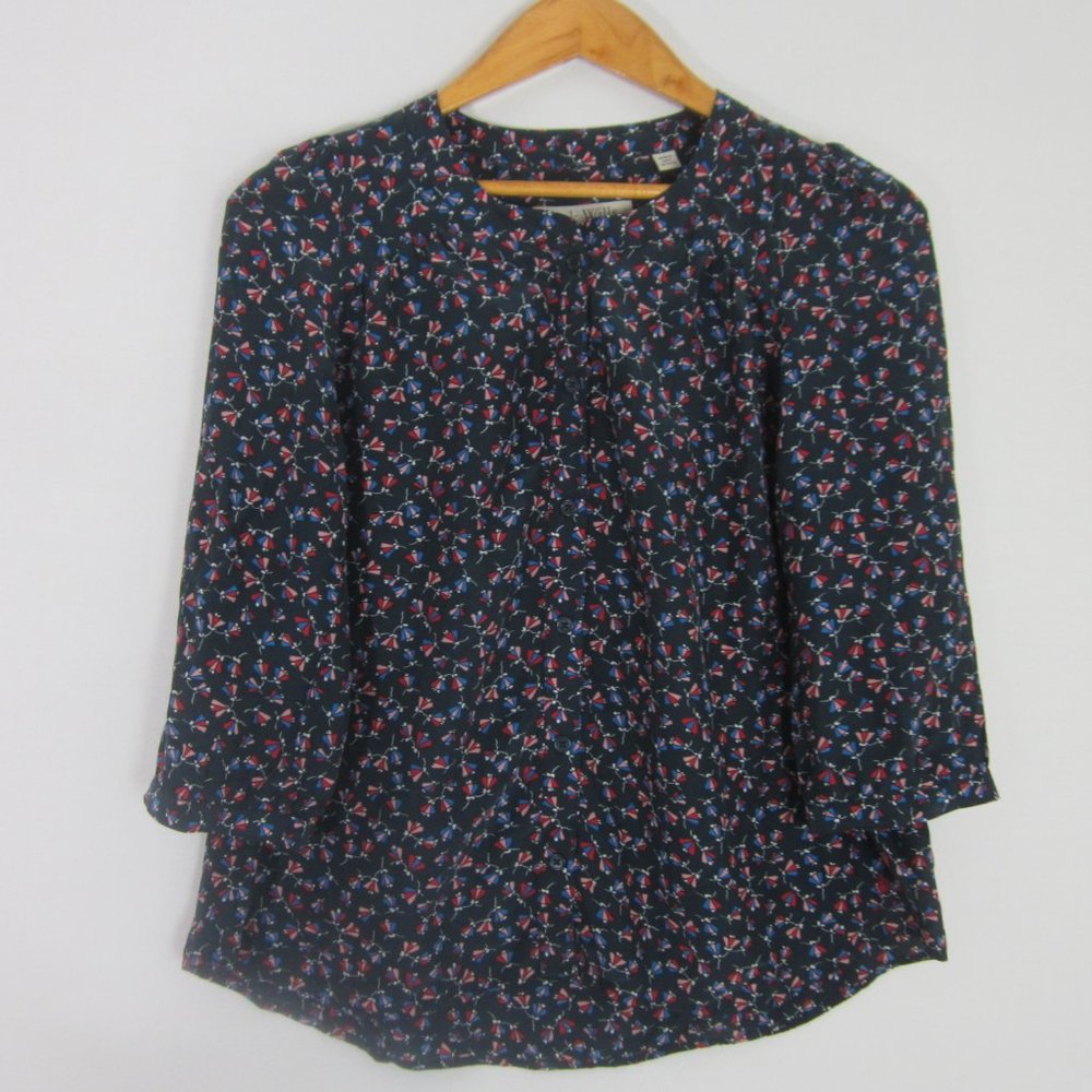 Jack Wills Womens 2 Navy Print 3/4 Sleeve Silk Blend Tunic Shirt Cottagecore S